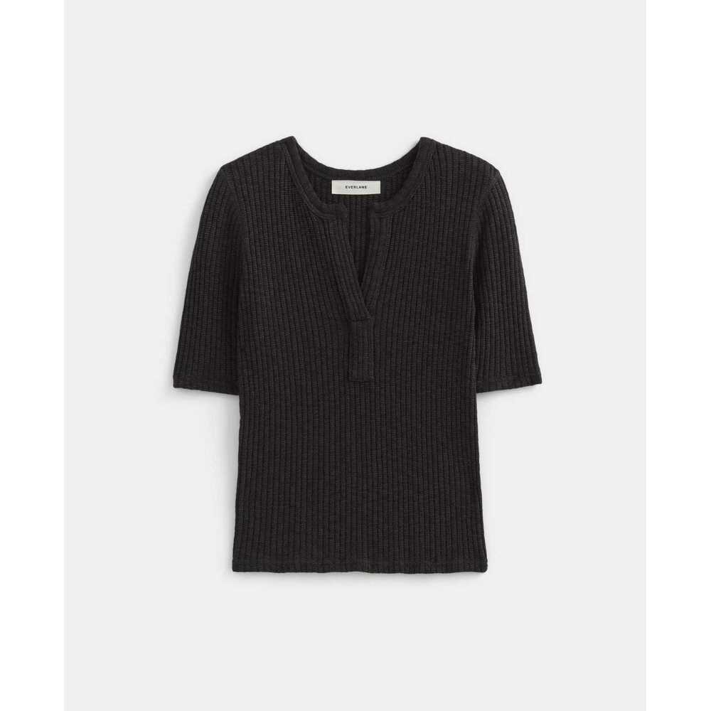 Everlane Women's Rib-Knit Short-Sleeve Henley Sweater in Black, Size Small, Cot…